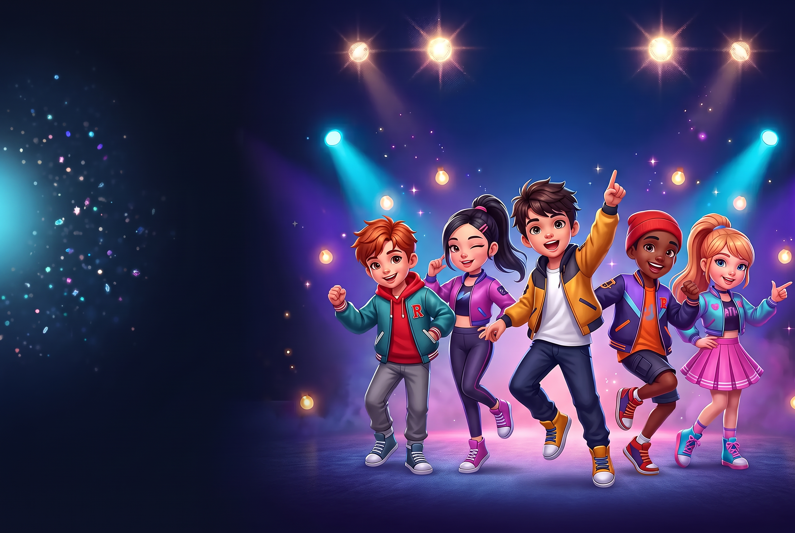 Päť animovaných detských tanečníkov vstupuje na farebné K-pop javisko